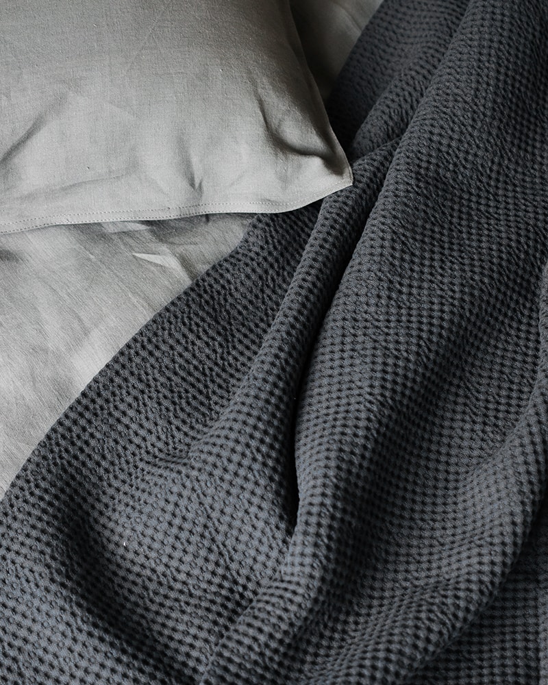 Mungo Cobble Weave Bedcover in Slate. Pure cotton designed, woven, made in Plettenberg Bay, South Africa