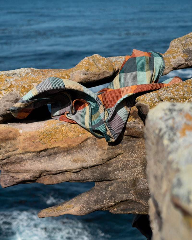 Mungo Vrou Vrou in Cypress. Textural & colorful waffle weave blanket woven at the Mungo Mill in South Africa. 100% cotton
