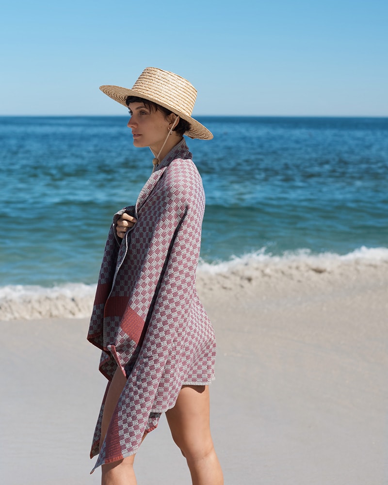 Mungo Willow Beach Towel in Urchin. Flat weave towels designed, woven, made in South Africa